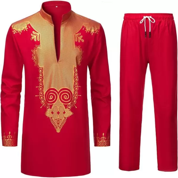 YND Mens 2 Piece Set African Dashiki Shirt and Pants Outfit with Gold PrintRed With Gold