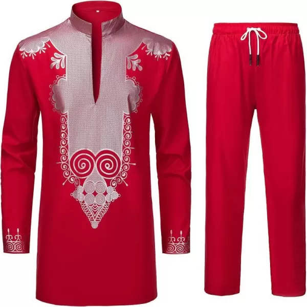 YND Mens 2 Piece Set African Dashiki Shirt and Pants Outfit with Gold PrintRed With Silver