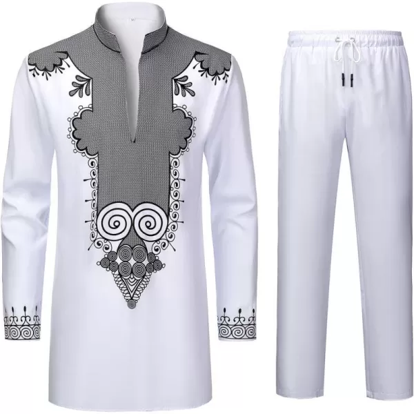 YND Mens 2 Piece Set African Dashiki Shirt and Pants Outfit with Gold PrintWhite With Black