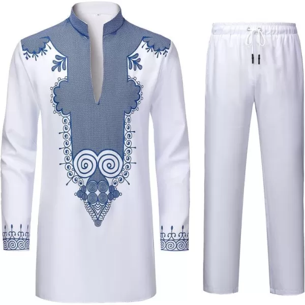 YND Mens 2 Piece Set African Dashiki Shirt and Pants Outfit with Gold PrintWhite With Blue