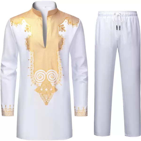 YND Mens 2 Piece Set African Dashiki Shirt and Pants Outfit with Gold PrintWhite With Gold