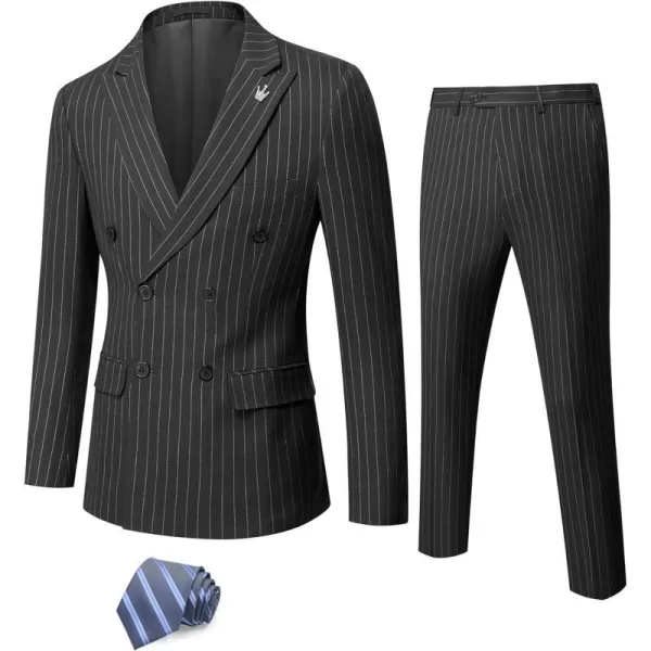 YND Mens 2 Piece Slim Fit Suit DoubleBreasted Stripe Tuxedo Set with Tie Party Wedding Dress Blazer Tux and TrousersBlack