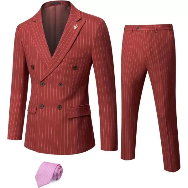 YND Mens 2 Piece Slim Fit Suit DoubleBreasted Stripe Tuxedo Set with Tie Party Wedding Dress Blazer Tux and TrousersBrick Red