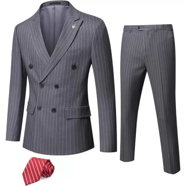 YND Mens 2 Piece Slim Fit Suit DoubleBreasted Stripe Tuxedo Set with Tie Party Wedding Dress Blazer Tux and TrousersDeep Grey