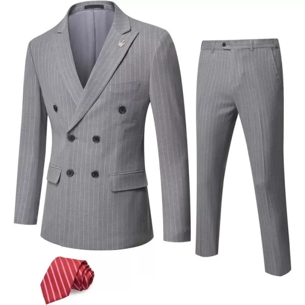 YND Mens 2 Piece Slim Fit Suit DoubleBreasted Stripe Tuxedo Set with Tie Party Wedding Dress Blazer Tux and TrousersGrey