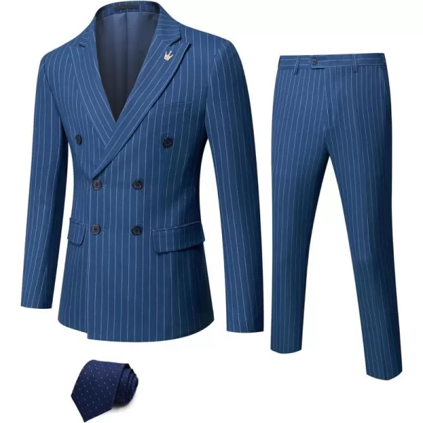 YND Mens 2 Piece Slim Fit Suit DoubleBreasted Stripe Tuxedo Set with Tie Party Wedding Dress Blazer Tux and TrousersLight Blue