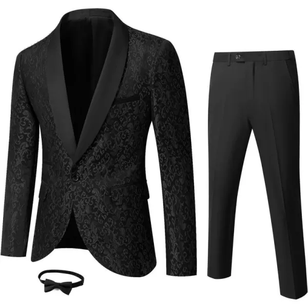 YND Mens 2 Piece Slim Fit Suit Set One Button Shawl Lapel Floral Pattern Party Blazer Jacket Pants with Bow TieBlack