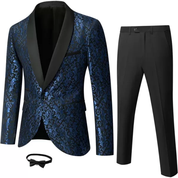 YND Mens 2 Piece Slim Fit Suit Set One Button Shawl Lapel Floral Pattern Party Blazer Jacket Pants with Bow TieDeep Blue