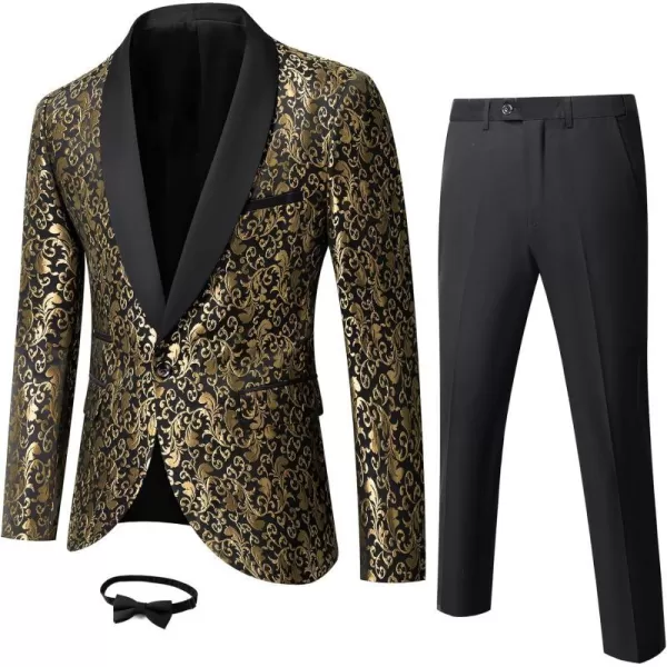 YND Mens 2 Piece Slim Fit Suit Set One Button Shawl Lapel Floral Pattern Party Blazer Jacket Pants with Bow TieGold