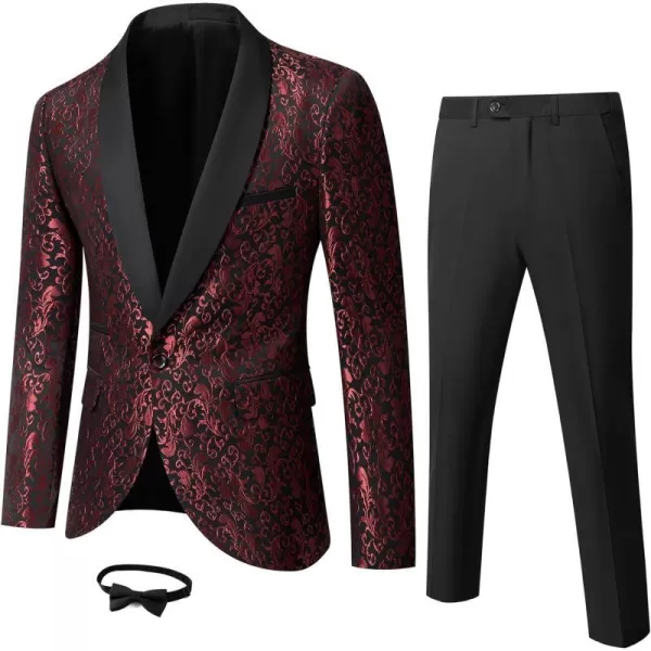 YND Mens 2 Piece Slim Fit Suit Set One Button Shawl Lapel Floral Pattern Party Blazer Jacket Pants with Bow TieRed