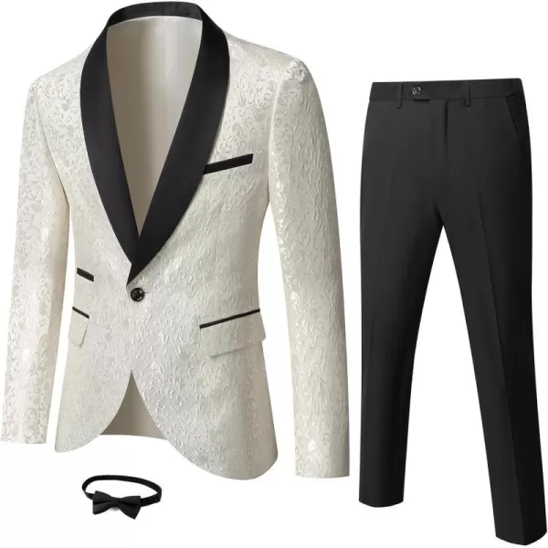 YND Mens 2 Piece Slim Fit Suit Set One Button Shawl Lapel Floral Pattern Party Blazer Jacket Pants with Bow TieWhite