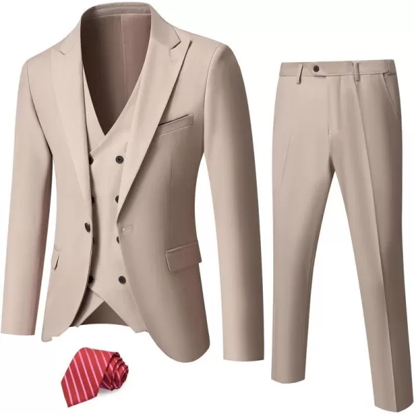 YND Mens 3 Piece Slim Fit Suit Set One Button Peak Lapel Solid Business Blazer Jacket Double Breasted Vest Pants and TieBeige