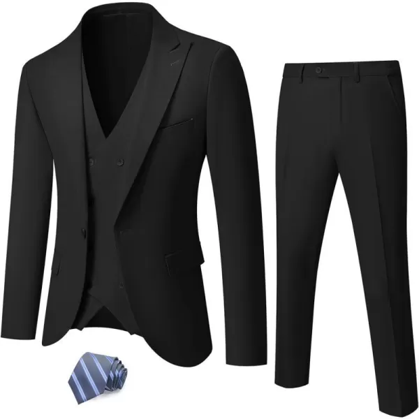 YND Mens 3 Piece Slim Fit Suit Set One Button Peak Lapel Solid Business Blazer Jacket Double Breasted Vest Pants and TieBlack