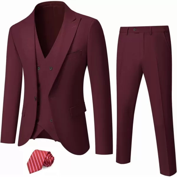 YND Mens 3 Piece Slim Fit Suit Set One Button Peak Lapel Solid Business Blazer Jacket Double Breasted Vest Pants and TieBurgundy