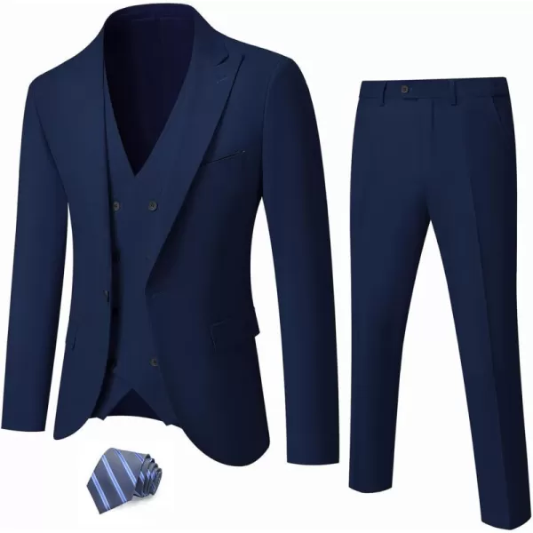 YND Mens 3 Piece Slim Fit Suit Set One Button Peak Lapel Solid Business Blazer Jacket Double Breasted Vest Pants and TieDeep Blue