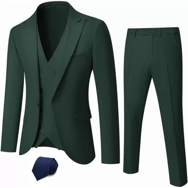 YND Mens 3 Piece Slim Fit Suit Set One Button Peak Lapel Solid Business Blazer Jacket Double Breasted Vest Pants and TieDeep Green