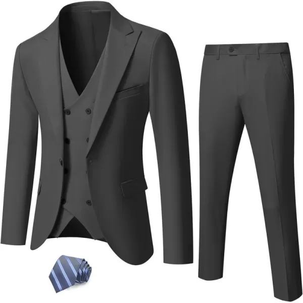 YND Mens 3 Piece Slim Fit Suit Set One Button Peak Lapel Solid Business Blazer Jacket Double Breasted Vest Pants and TieDeep Grey