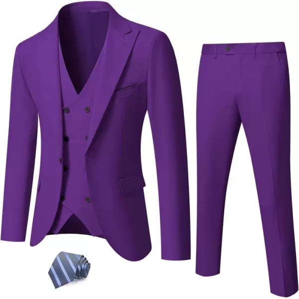 YND Mens 3 Piece Slim Fit Suit Set One Button Peak Lapel Solid Business Blazer Jacket Double Breasted Vest Pants and TieDeep Purple