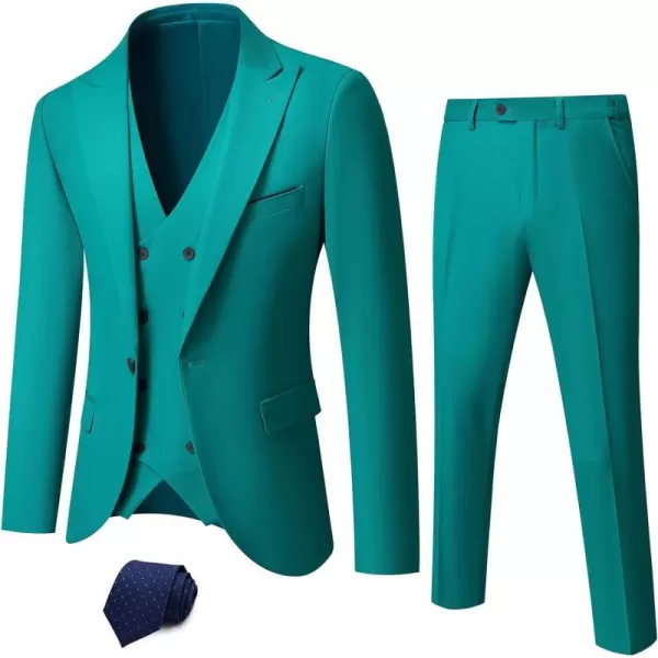 YND Mens 3 Piece Slim Fit Suit Set One Button Peak Lapel Solid Business Blazer Jacket Double Breasted Vest Pants and TieGreen