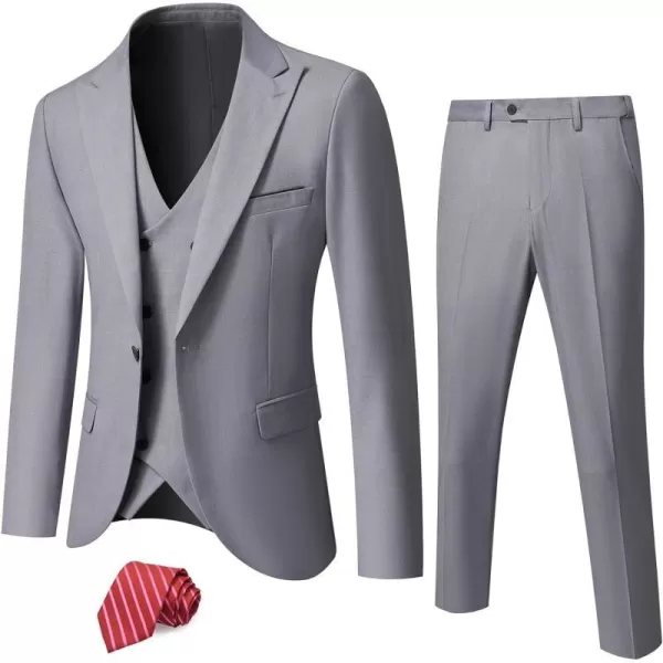 YND Mens 3 Piece Slim Fit Suit Set One Button Peak Lapel Solid Business Blazer Jacket Double Breasted Vest Pants and TieLight Grey