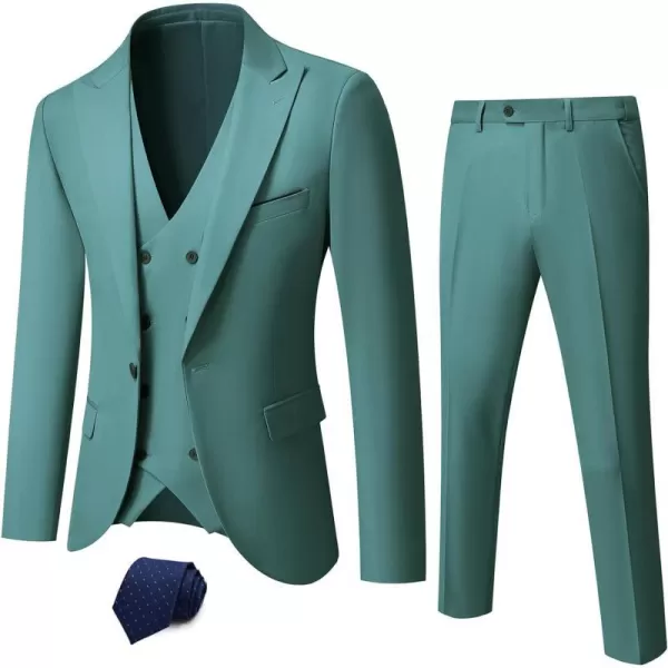 YND Mens 3 Piece Slim Fit Suit Set One Button Peak Lapel Solid Business Blazer Jacket Double Breasted Vest Pants and TiePea Green