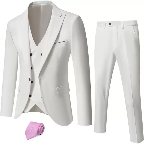 YND Mens 3 Piece Slim Fit Suit Set One Button Peak Lapel Solid Business Blazer Jacket Double Breasted Vest Pants and TieWhite