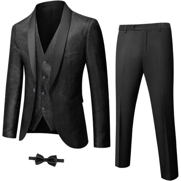 YND Mens 3 Piece Slim Fit Tuxedo Set One Button Shawl Collar Floral Jacket Vest Pants with Bow TieBlack