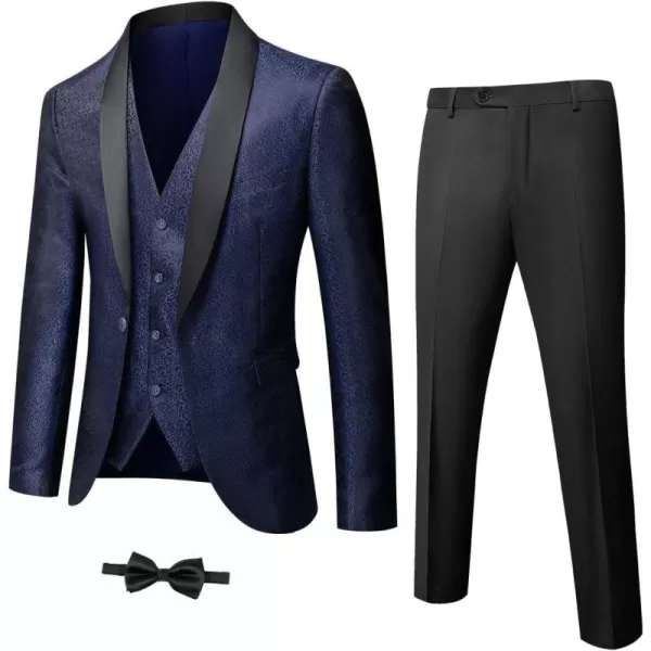 YND Mens 3 Piece Slim Fit Tuxedo Set One Button Shawl Collar Floral Jacket Vest Pants with Bow TieDeep Blue