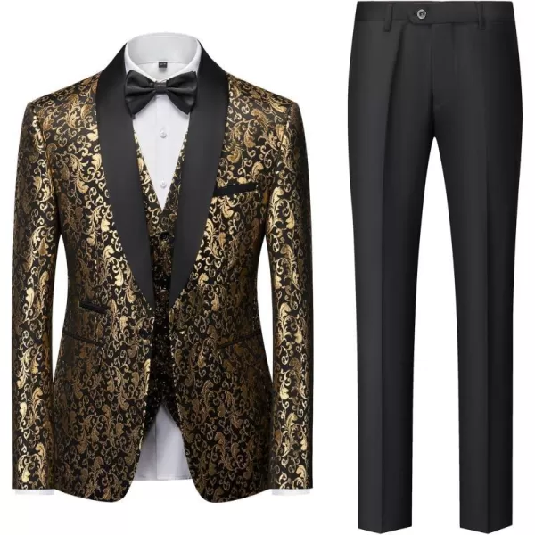 YND Mens 3 Piece Slim Fit Tuxedo Set One Button Shawl Collar Floral Jacket Vest Pants with Bow TieGold