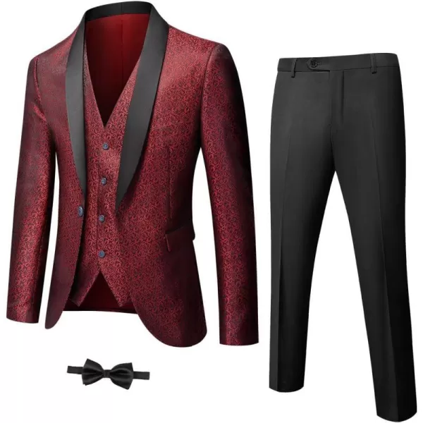 YND Mens 3 Piece Slim Fit Tuxedo Set One Button Shawl Collar Floral Jacket Vest Pants with Bow TieRed