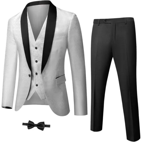 YND Mens 3 Piece Slim Fit Tuxedo Set One Button Shawl Collar Floral Jacket Vest Pants with Bow TieWhite