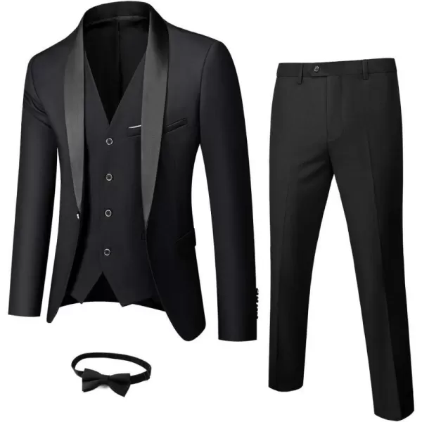 YND Mens 3 Piece Slim Fit Tuxedo Set One Button Shawl Collar Solid Jacket Vest Pants with Bow TieBlack