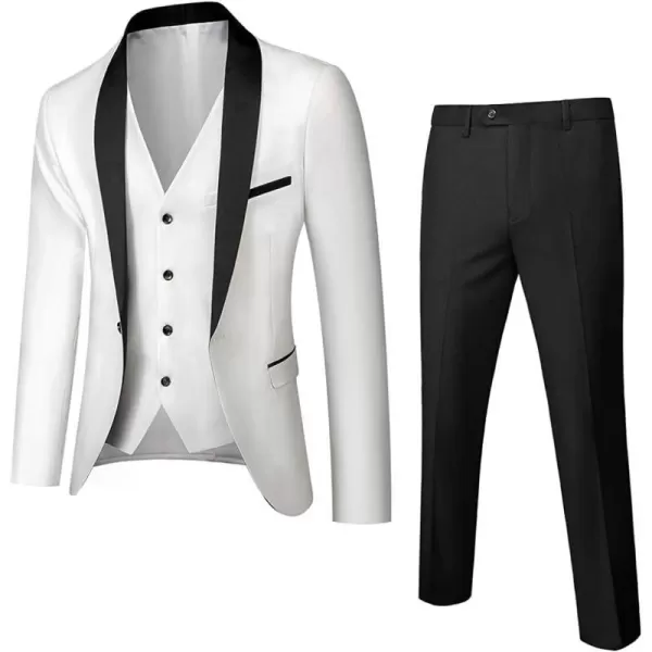 YND Mens 3 Piece Slim Fit Tuxedo Set One Button Shawl Collar Solid Jacket Vest Pants with Bow TieBlack Collar White