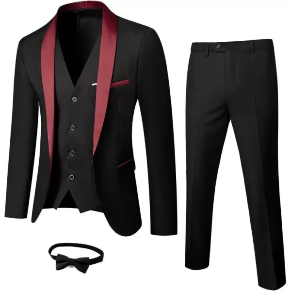 YND Mens 3 Piece Slim Fit Tuxedo Set One Button Shawl Collar Solid Jacket Vest Pants with Bow TieMaroon Collar Black