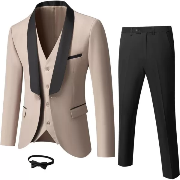 YND Mens 3 Piece Slim Fit Tuxedo Suit Set One Button Shawl Lapel Solid Blazer Jacket Vest Pants with Bow TieBeige