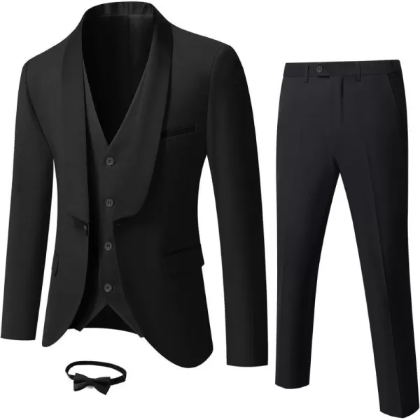 YND Mens 3 Piece Slim Fit Tuxedo Suit Set One Button Shawl Lapel Solid Blazer Jacket Vest Pants with Bow TieBlack