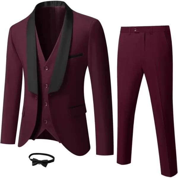 YND Mens 3 Piece Slim Fit Tuxedo Suit Set One Button Shawl Lapel Solid Blazer Jacket Vest Pants with Bow TieBurgundy