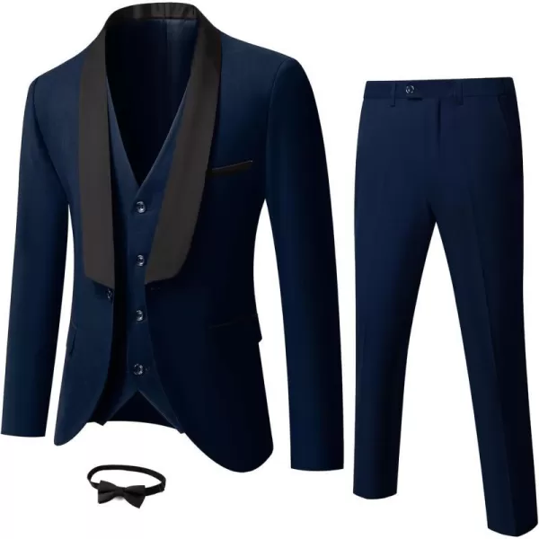 YND Mens 3 Piece Slim Fit Tuxedo Suit Set One Button Shawl Lapel Solid Blazer Jacket Vest Pants with Bow TieDeep Blue