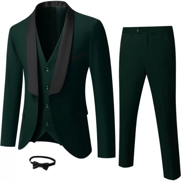 YND Mens 3 Piece Slim Fit Tuxedo Suit Set One Button Shawl Lapel Solid Blazer Jacket Vest Pants with Bow TieDeep Green