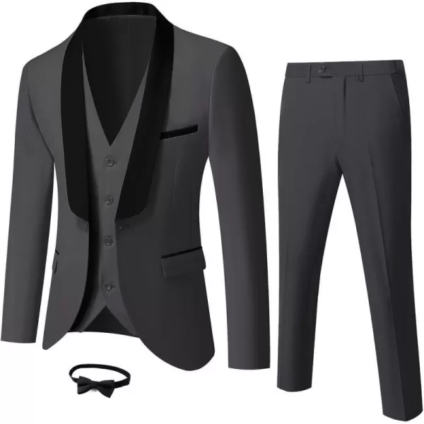 YND Mens 3 Piece Slim Fit Tuxedo Suit Set One Button Shawl Lapel Solid Blazer Jacket Vest Pants with Bow TieDeep Grey