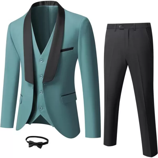 YND Mens 3 Piece Slim Fit Tuxedo Suit Set One Button Shawl Lapel Solid Blazer Jacket Vest Pants with Bow TieGreen