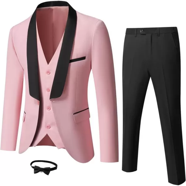 YND Mens 3 Piece Slim Fit Tuxedo Suit Set One Button Shawl Lapel Solid Blazer Jacket Vest Pants with Bow TieLight Pink