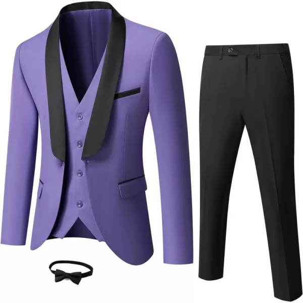 YND Mens 3 Piece Slim Fit Tuxedo Suit Set One Button Shawl Lapel Solid Blazer Jacket Vest Pants with Bow TiePurple