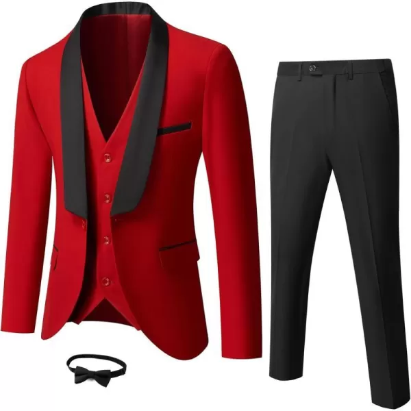 YND Mens 3 Piece Slim Fit Tuxedo Suit Set One Button Shawl Lapel Solid Blazer Jacket Vest Pants with Bow TieRed