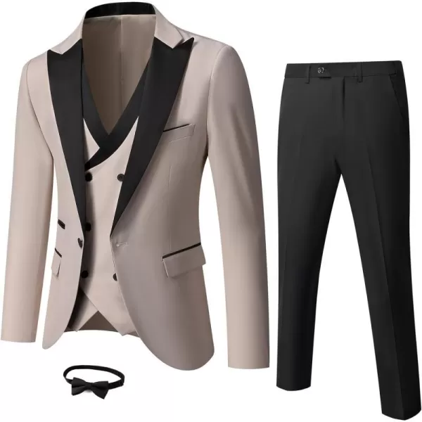 YND Mens 3 Piece Slim Fit Wedding Tuxedo Set Peak Lapel One Button Suit Jacket Double Breasted Vest Pants with Bow TieBeige