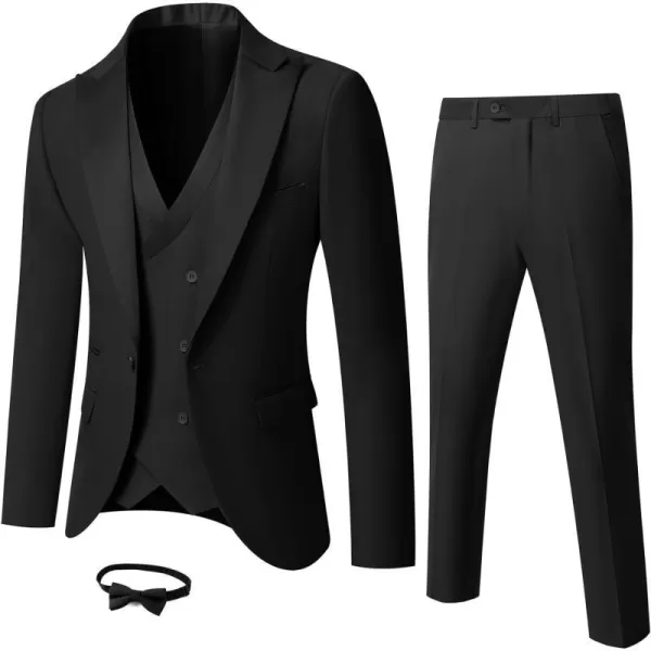 YND Mens 3 Piece Slim Fit Wedding Tuxedo Set Peak Lapel One Button Suit Jacket Double Breasted Vest Pants with Bow TieBlack