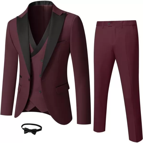 YND Mens 3 Piece Slim Fit Wedding Tuxedo Set Peak Lapel One Button Suit Jacket Double Breasted Vest Pants with Bow TieBurgundy