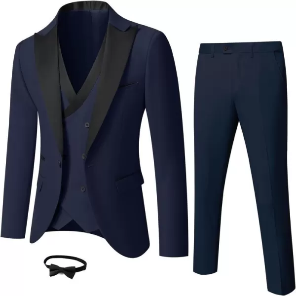 YND Mens 3 Piece Slim Fit Wedding Tuxedo Set Peak Lapel One Button Suit Jacket Double Breasted Vest Pants with Bow TieDeep Blue