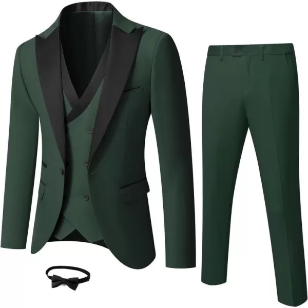 YND Mens 3 Piece Slim Fit Wedding Tuxedo Set Peak Lapel One Button Suit Jacket Double Breasted Vest Pants with Bow TieDeep Green