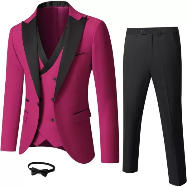 YND Mens 3 Piece Slim Fit Wedding Tuxedo Set Peak Lapel One Button Suit Jacket Double Breasted Vest Pants with Bow TieFuchsia